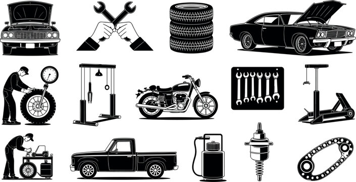 Automotive repair vector icon set featuring classic cars, pickup trucks, motorcycles, mechanic tools, tires, and garage workshop equipment silhouettes