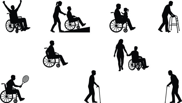 Vector silhouette collection of disabled people in wheelchairs and elderly seniors using mobility aids for healthcare concepts