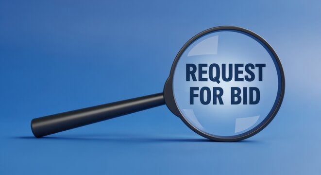 Magnifying glass focusing on the words \"Request for Bid\" against a solid blue background, representing business procurement