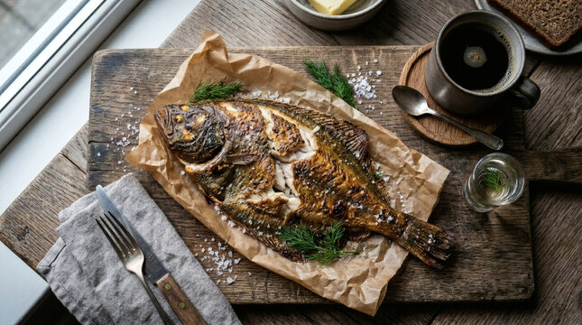 Bakskuld Smoked Fish on Cutting Board with Danish Schnapps and Coffee