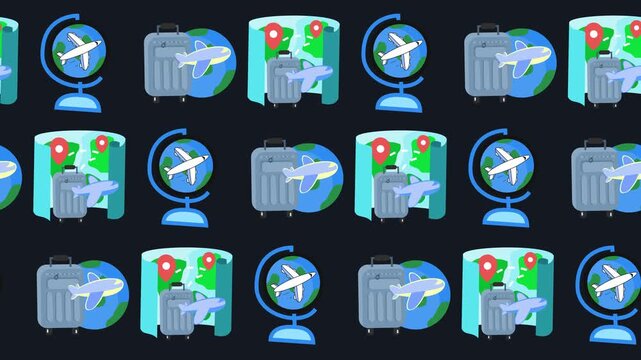 Global travel and tourism pattern with seamless world globe, suitcase, and flight itinerary map design in horizontal background animation for international vacation planning wallpaper concept.
