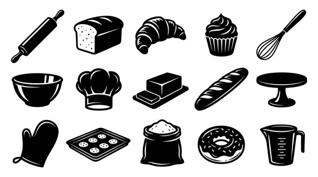 Baking Icons Set - Black and White Line Art of Food and Kitchen Tools