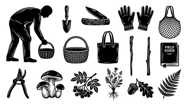 Black and White Line Art Icons for Mushroom Hunting and Foraging