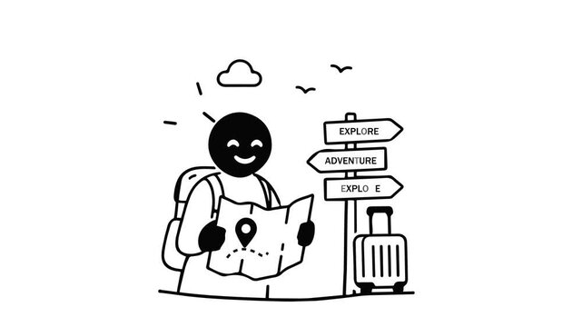 Animated character holding map next to suitcase and travel signpost. Simple line art motion graphic for vacation planning, global tourism, and navigation concept.