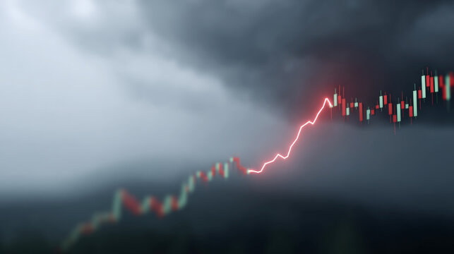 Stock market volatility with candlestick chart and lightning spike