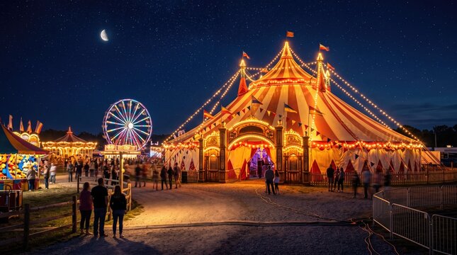 A vibrant carnival scene with colorful lights and attractions at night.