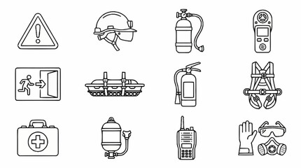Fototapeta premium Diverse outline vector icons for safety equipment, emergency response tools, and fire protection gear, suitable for industrial, hazard prevention, and rescue service applications
