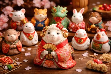 Fototapeta premium Set of ceramic Japanese zodiac figures with a playful sheep in cultural dress