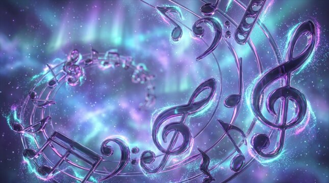 Luminous Abstract Musical Notes and Treble Clef in a Cosmic Aurora - ideal for music-related themes, digital art, event backdrops, and creative branding visuals