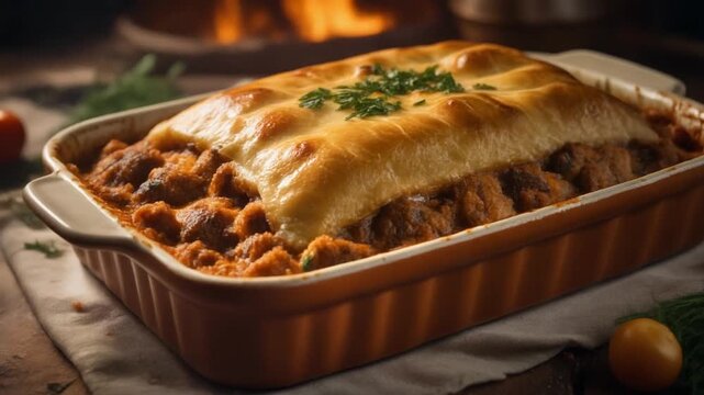 Ultra realistic cinematic footage of South African bobotie in dish, golden top, no people, 4K UHD