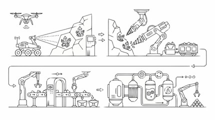 Obraz premium Conceptual automated resource extraction and multi-stage industrial processing, from robotic discovery to refinement, illustrating a future supply chain operation