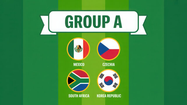 Group A soccer tournament stage board with national flags of Mexico Czechia South Africa and Korea Republic.
