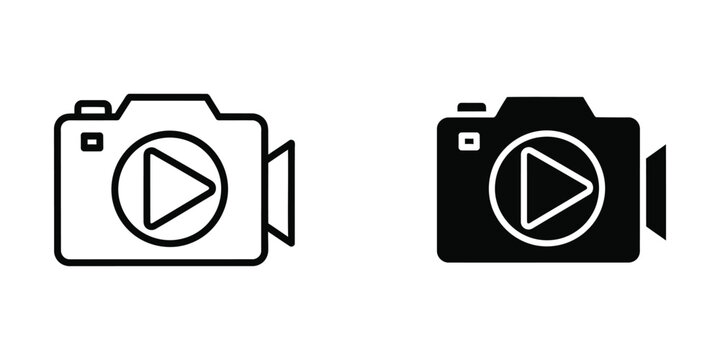 Camera with play button vector icon isolated on white. Black and white outline line art and solid glyph silhouette.