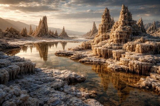 Petrified salt structures on dry shore reflecting ancient legends