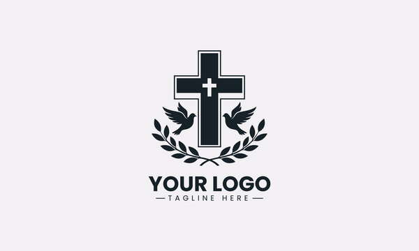 A spiritual dove with widespread wings on an olive branch with cross minimalist black vector logo design