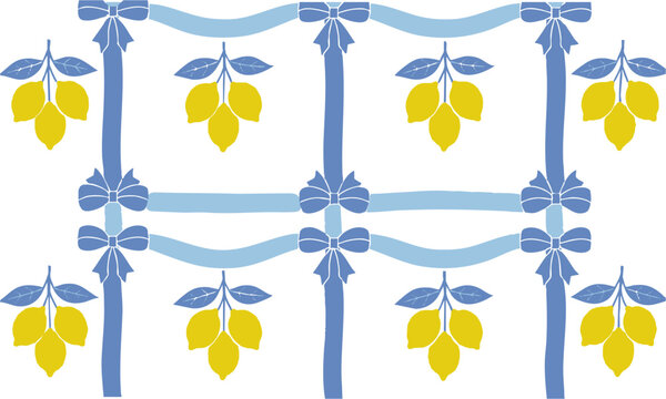 Blue ribbon frame and lemon branch seamless decorative vector pattern.