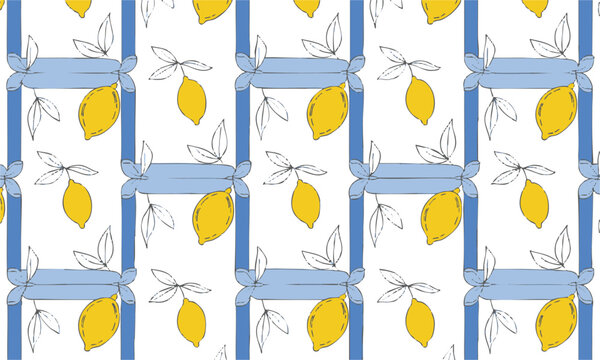 Fresh lemon and blue ribbon ornamental seamless vector background.