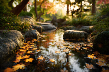 Obraz premium Serene autumn stream with colorful leaves floating on the water, surrounded by sunlit rocks and lush garden plants, with a warm, blurry background.