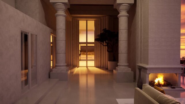 Elegant classical interior hallway with marble columns and a fireplace opens onto an ocean sunset view. Premium architectural 3D rendering.
