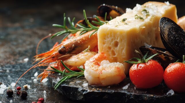 High histamine foods. Close-up of gourmet seafood with blue cheese, cherry tomatoes, shrimp, mussels, and rosemary on a dark surface.
