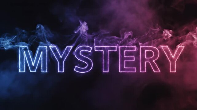 Enigmatic word 'Mystery' glows with illuminated neon edges against a swirling, atmospheric blend of blues and purples, evoking intrigue and suspense in this visually captivating digital art