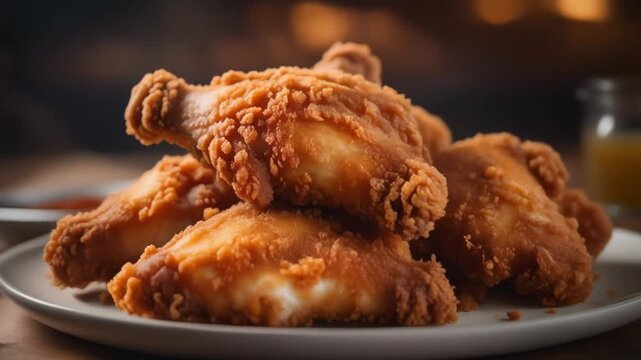Ultra realistic cinematic footage of American fried chicken on plate with golden crust, no people, 4K UHD