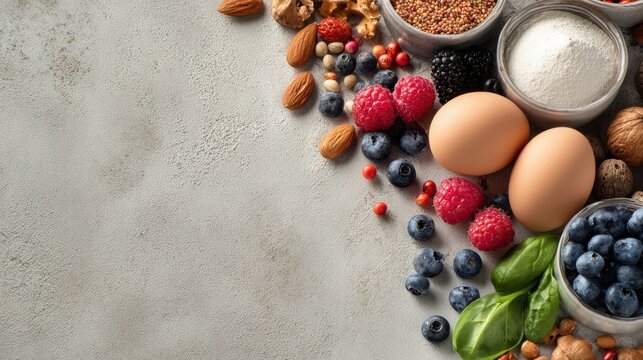 High histamine foods. Fresh ingredients including eggs, berries, nuts, seeds, and herbs arranged on a textured surface.