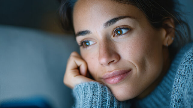 Pensive young woman reflecting in soft blue sweater for loneliness and introspection concepts