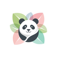 Fototapeta premium Cute Panda Bear Face with Colorful Leaves Logo Design.
