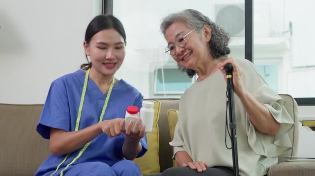 Caring Communication: A compassionate caregiver assists an elderly senior, offering support and guidance in a moment of care.