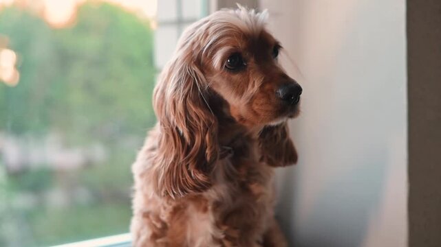 A dog sits by a window looking outside and changing its focus between the surroundings.