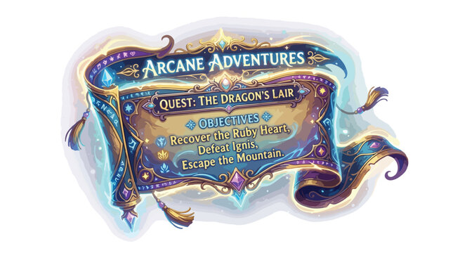 Fantasy game quest scroll UI, Arcane Adventures magic parchment vector, ornate golden frame with mystical blue glow for RPG interface design