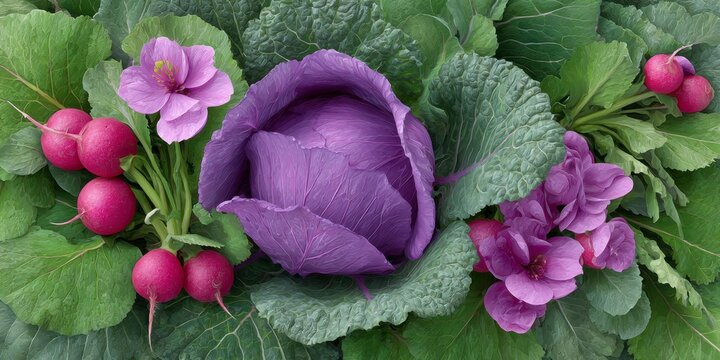 purple cabbage, green heads, and red flowers nestled among the fresh vegetables like radishes