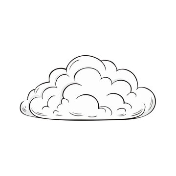 Hand drawn cartoon cloud illustration fluffy and white with dark outline isolated on white background