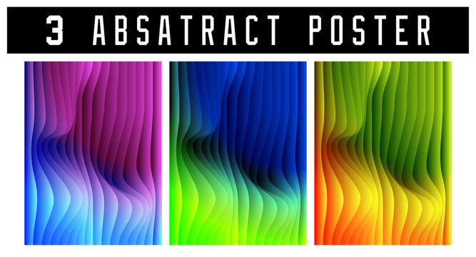 Set of three abstract posters featuring vertical line vector patterns with vibrant color gradients for modern creative advertising and professional graphic layouts