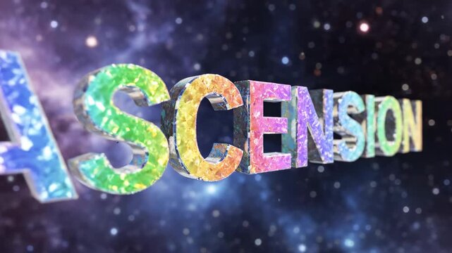 Vividly colored 3D word 'ASCENSION' floats amidst a cosmic expanse filled with twinkling stardust and nebulae, evoking themes of transcendence and spiritual growth within the vastness