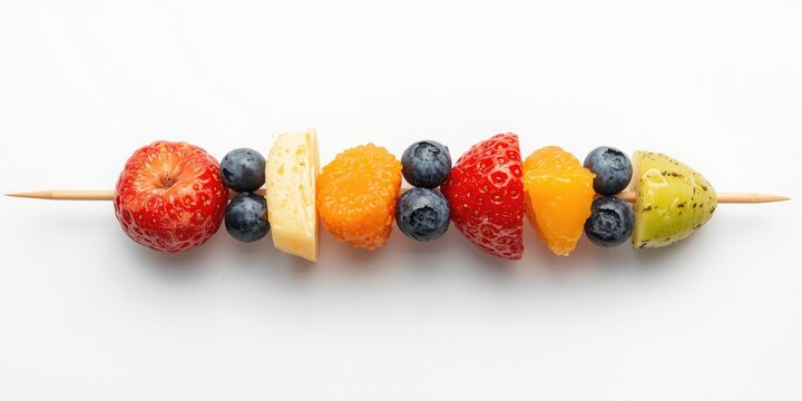 Assorted fresh fruit chunks elegantly placed on a skewer with white background
