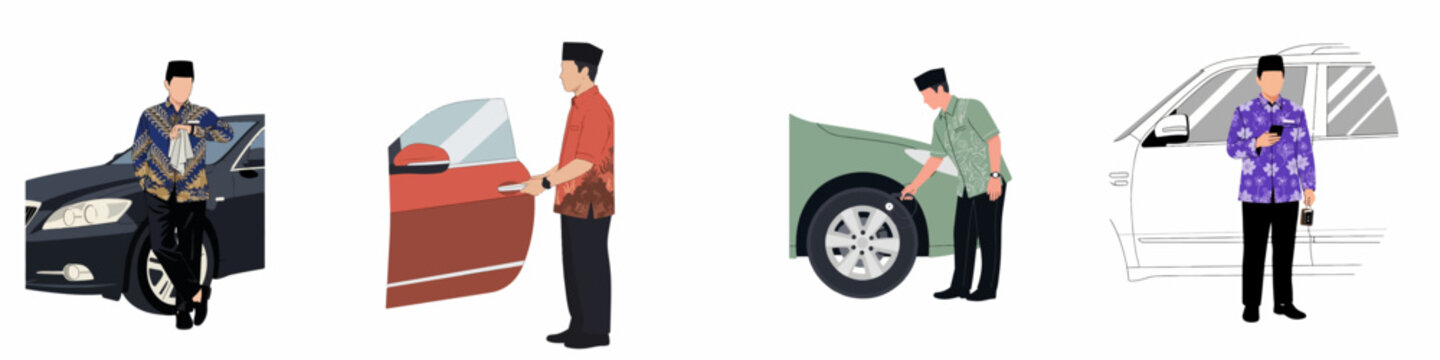 Flat illustration set of a man in batik shirt interacting with cars for travel, maintenance, and waiting, isolated on white background.