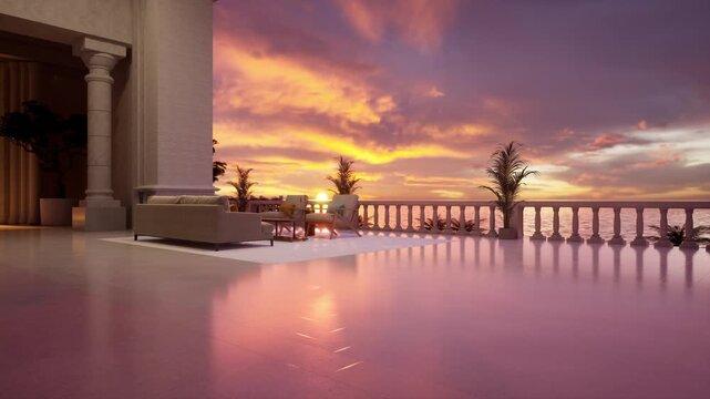 Wide grand terrace with classical columns overlooking a tranquil sea at dramatic pink sunset. Perfect for luxury travel, resort, and real estate.