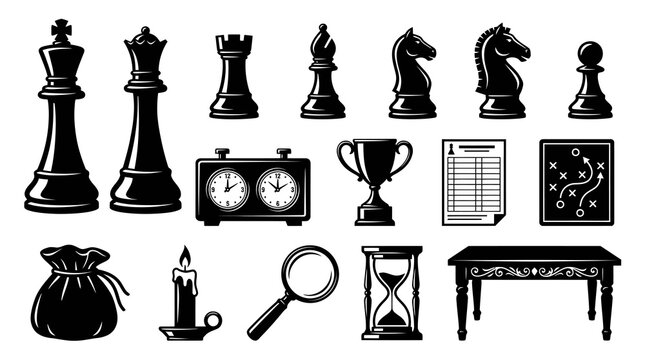 Chess game elements set, king, queen, rook, bishop, knight, pawn, clock, trophy, table, black white vector art