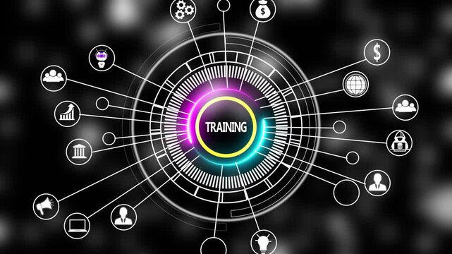 Digital training concept with animated hud interface and business network for corporate e-learning and development presentations