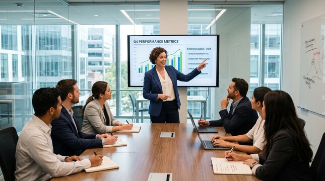Businesswoman presenting q4 performance metrics to a diverse group of colleagues in a modern office conference room with a large screen display