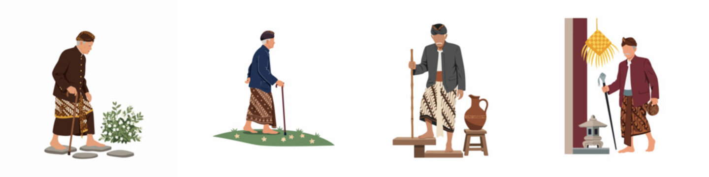 Set of illustrations depicting elderly Indonesian men wearing traditional Javanese attire including blangkon, beskap, and batik jarik.