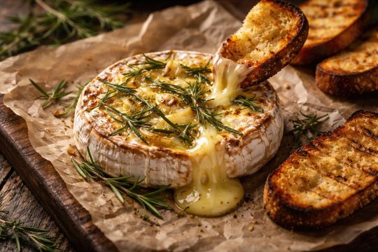 Rustic baked camembert cheese flavored with rosemary served alongside toasted bread on parchment sheet