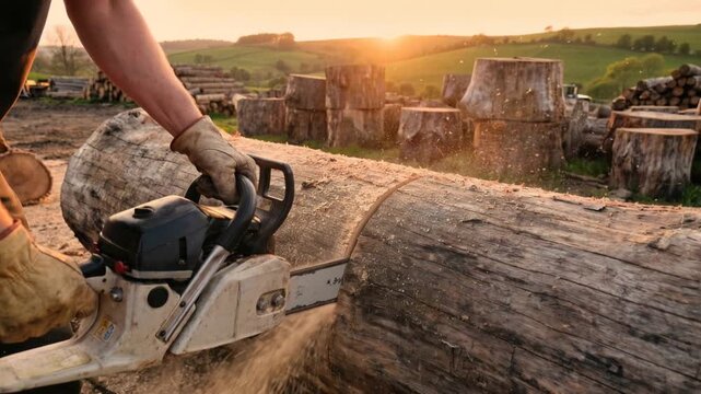Woodcutter operates a chainsaw at a sawmill, cutting through a large tree trunk - capturing raw power, precision, and the rugged essence of traditional woodcutting and forestry work, 4K video