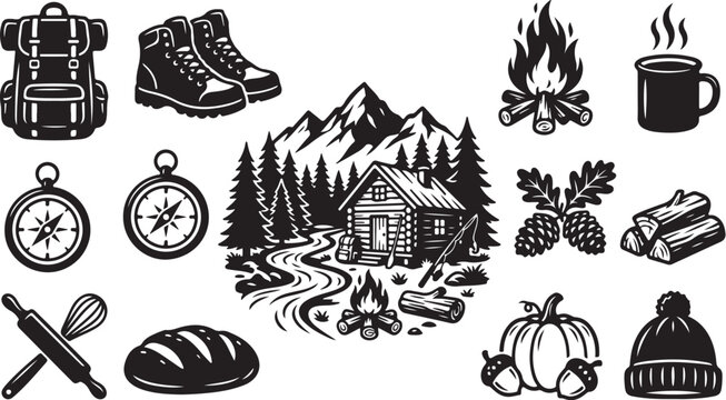 Camping and hiking icons in black and white