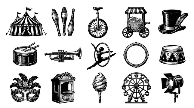 Vintage Circus Carnival Elements Set - Black and White Engraving Style Icons Collection
