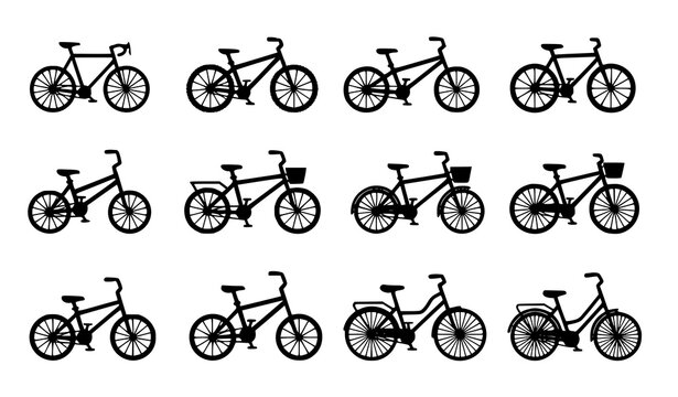 Black bicycle icon set collection featuring road mountain folding tandem and electric bikes vector silhouette illustration