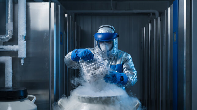 Scientist in Protective Suit Handling Cryogenic Samples in Liquid Nitrogen Storage