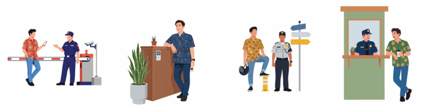 Flat design illustrations of visitors interacting with security guards at various checkpoints and building entrances